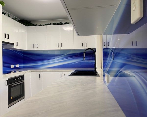 Printed Glass Splashback - Abstract Blue With White Swirl