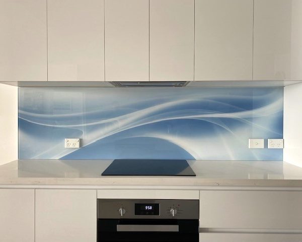 Printed glass kitchen splashback - abstract swirl blue white