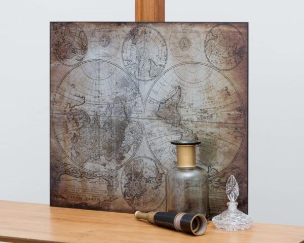 Antique Look Glass. World Map. Bronze. In Glass Design