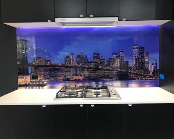 Printed glass kitchen splashback - story bridge night scene