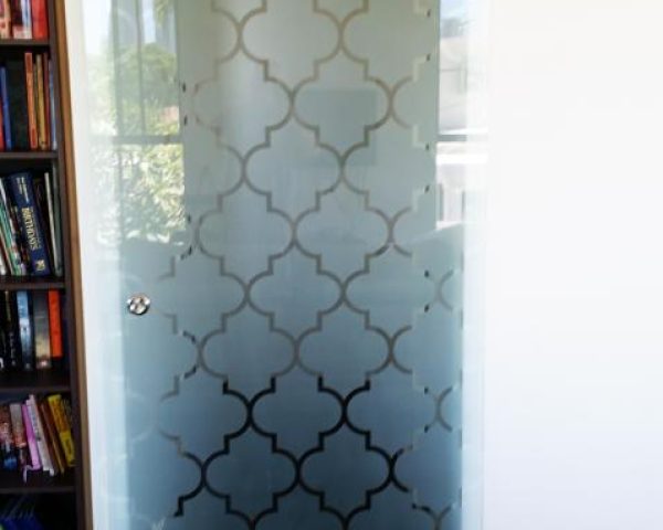 Frameless Glass Sliding Doors with pattern installed in Brisbane In Glass Design