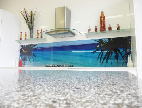 Glass Splashback in Coolangatta with Printed beach and Pandanus tree image