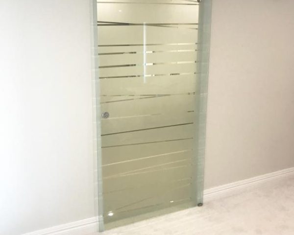 Modern Glass Sliding Door with Feature line design etched into Glass In Glass Design
