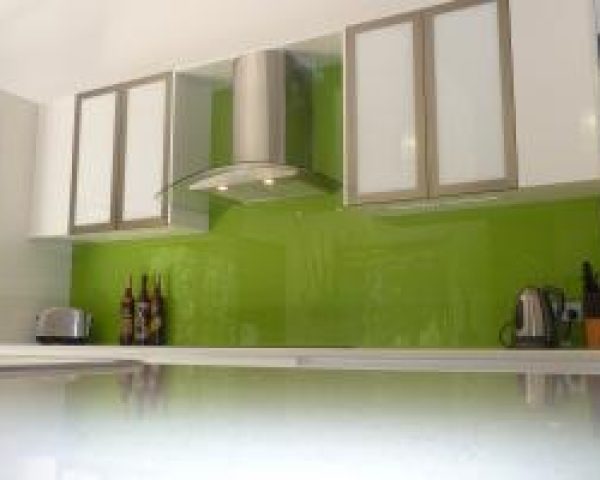Painted Glass Splashback in Pea Case