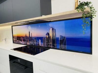 Printed glass kitchen splashback - Gold coast skyline day
