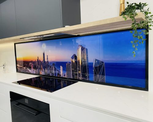 Printed glass kitchen splashback - Gold coast skyline day