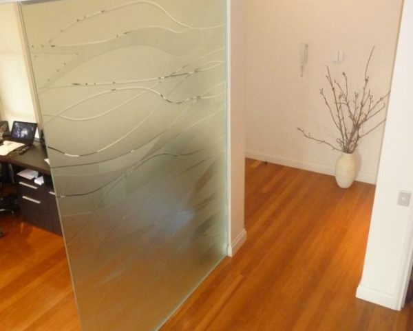 Sandblasted glass installation as Glass Room Divider In Glass Design