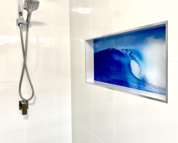 Printed glass shower niche splashback - blue ocean wave in Shower Niche