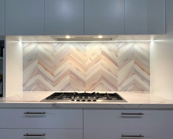 Printed matte glass kitchen splashback - herringbone tile