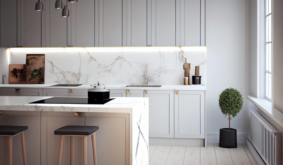 minimal design kitchen with cabinet cupboard with white square tile splashback wall cooking ai generated